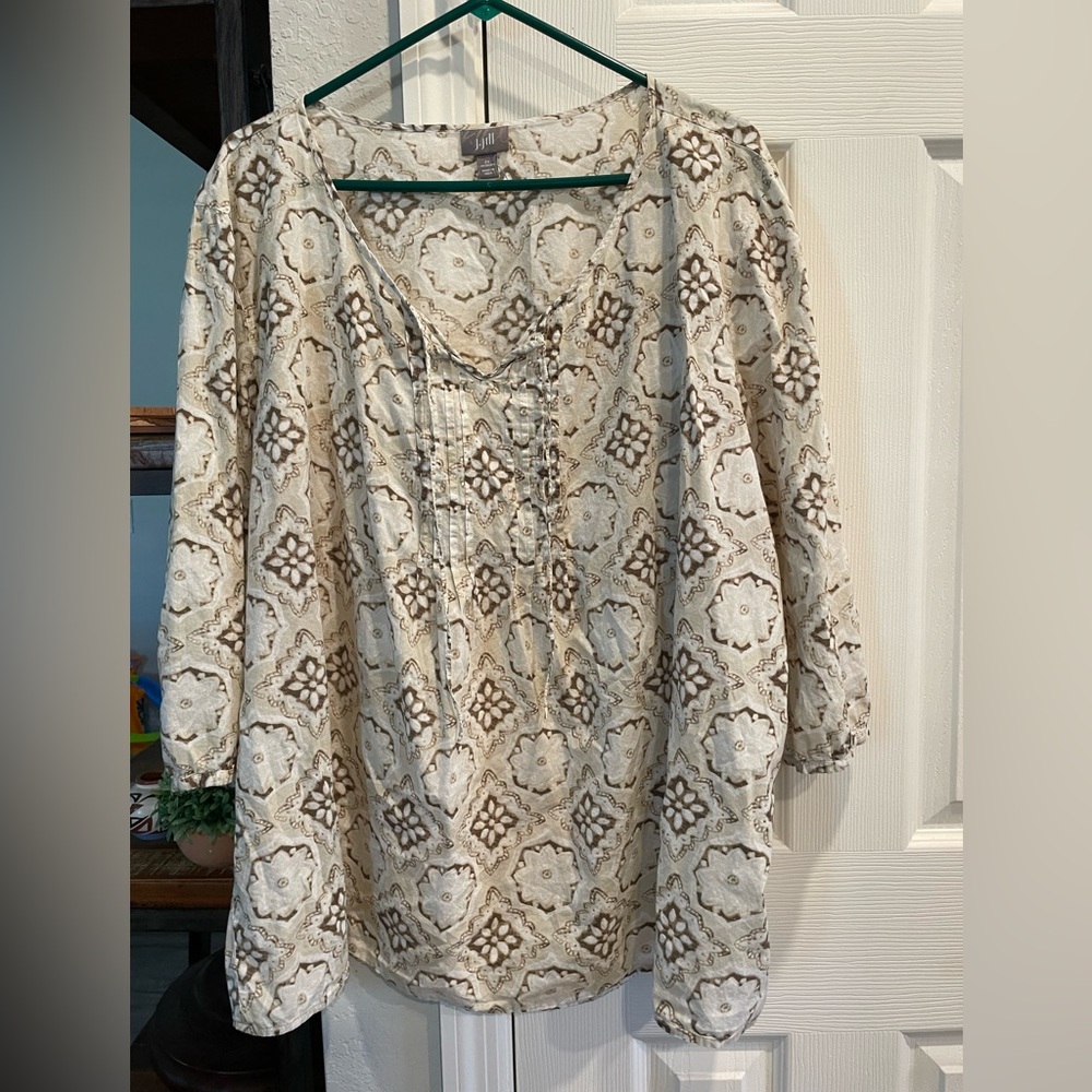 J. Jill Cream color w brown paisley floral pullover peplum blouse tie V Neck 2X